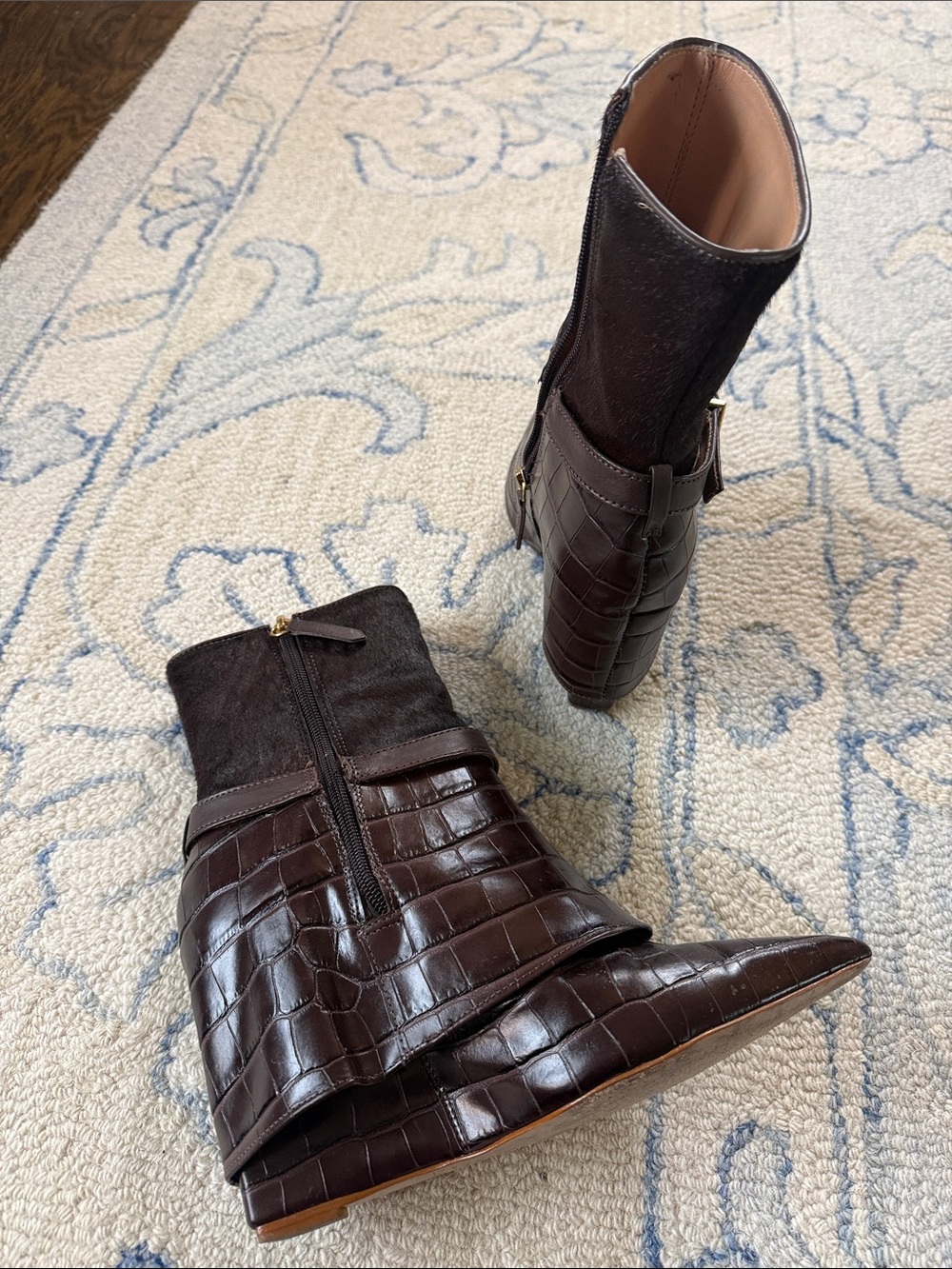 SCHUTZ Dark Brown Croc-Embossed Pointed Toe Ankle Boots with Gold Buckle - Picture 5 of 7
